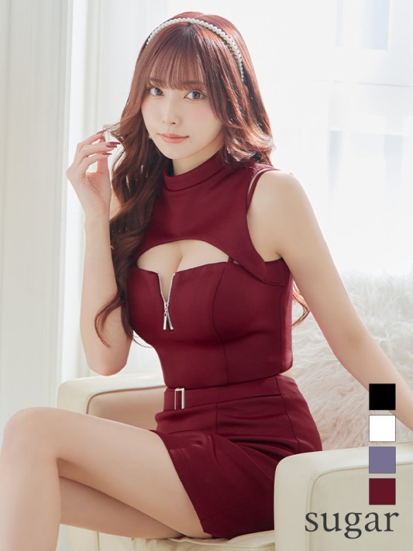 画像1: XSサイズあり【ROBE de FLEURS Glossy/ローブ・ド・フルール グロッシー】フロントジップ/ ノースリーブ/ ストレッチ/ 無地/ ワンカラー/ タイト/ セットアップ/ ミニドレス/ キャバドレス[OF2]