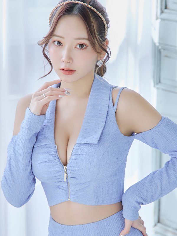 画像14: XSサイズあり【Glossy/グロッシー】フロントジッパー/ オフショル/ ロングスリーブ/ 袖あり/ ワンカラー/ 台形スカート/ セットアップ/ ミニドレス/ キャバドレス[OF08]