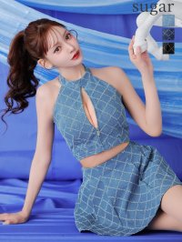XSサイズあり【Glossy/グロッシー】デニム/ ホルター/ バストジップ/ フレア/ セットアップ/ ミニドレス/ キャバドレス[OF08]