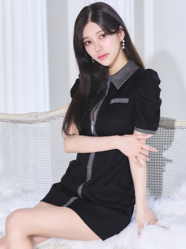 画像2: XSサイズあり【Glossy/グロッシー】襟付き/ 半袖/ ラメニット/ パイピング/ マニッシュ/ フレア/ ミニドレス/ キャバドレス[OF2]