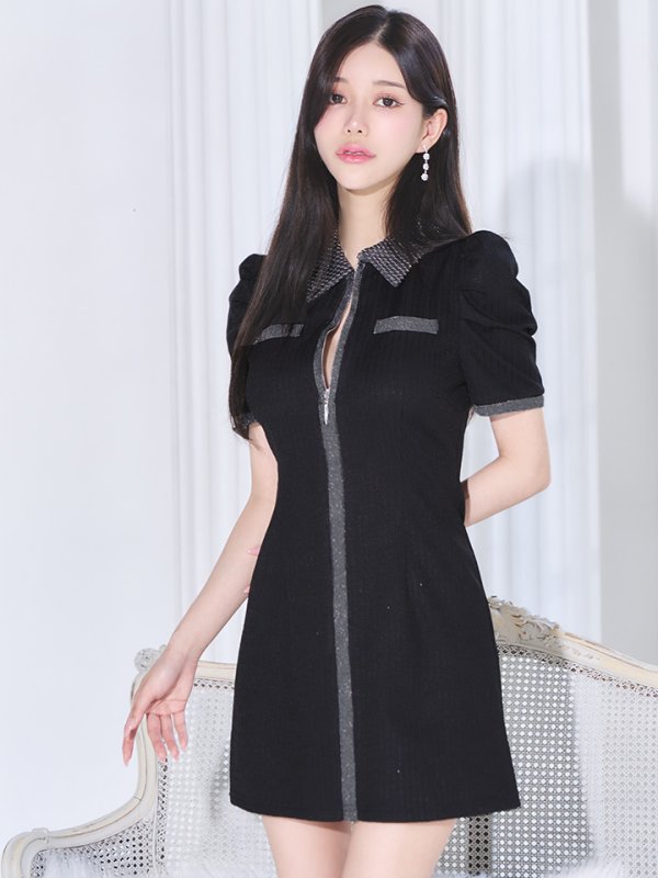 画像8: XSサイズあり【Glossy/グロッシー】襟付き/ 半袖/ ラメニット/ パイピング/ マニッシュ/ フレア/ ミニドレス/ キャバドレス[OF08]