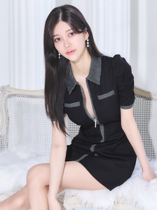 画像11: XSサイズあり【Glossy/グロッシー】襟付き/ 半袖/ ラメニット/ パイピング/ マニッシュ/ フレア/ ミニドレス/ キャバドレス[OF08]