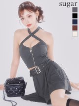 XSサイズあり【ROBE de FLEURS Glossy/ローブ・ド・フルール グロッシー】リブ/ ホルターネック/ バストジップ/ セットアップ/ フレア/ ミニドレス/ キャバドレス[OF2]