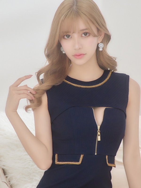 画像6: XSサイズあり【Glossy/グロッシー】フロントジッパー/ ラメニット/ ノースリーブ/ ストレッチ/ タイト/ ミニドレス/ キャバドレス[OF08]