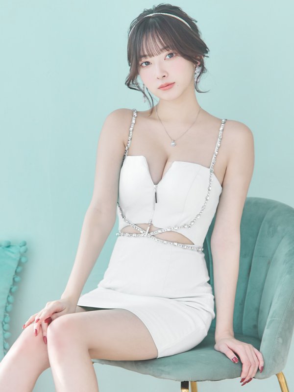 画像2: XSサイズあり【ROBE de FLEURS Glossy/ローブ・ド・フルール グロッシー】クロスビジュー/ フロントジップ/ キャミソール/ ストレッチ/ タイト/ ミニドレス/ キャバドレス[OF2]