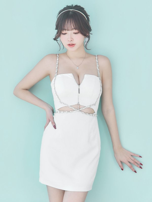 画像30: XSサイズあり【Glossy/グロッシー】クロスビジュー/ フロントジップ/ キャミソール/ ストレッチ/ タイト/ ミニドレス/ キャバドレス[OF08]