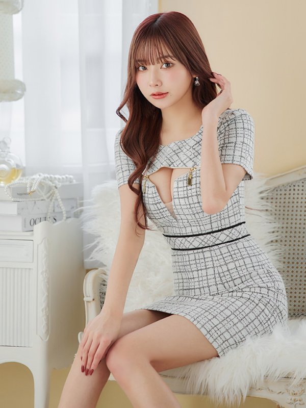 画像12: XS-Lサイズあり【Glossy/グロッシー】袖付き/ ツイードニット/ フロントジッパー/ タイト/ ミニドレス/ キャバドレス[OF08]
