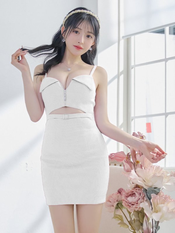 画像32: XSサイズあり【Glossy/グロッシー】ウエストカット/ ストーンリブニット/ ベルト/ キャミソール/ タイト/ ミニドレス/ キャバドレス[OF08]