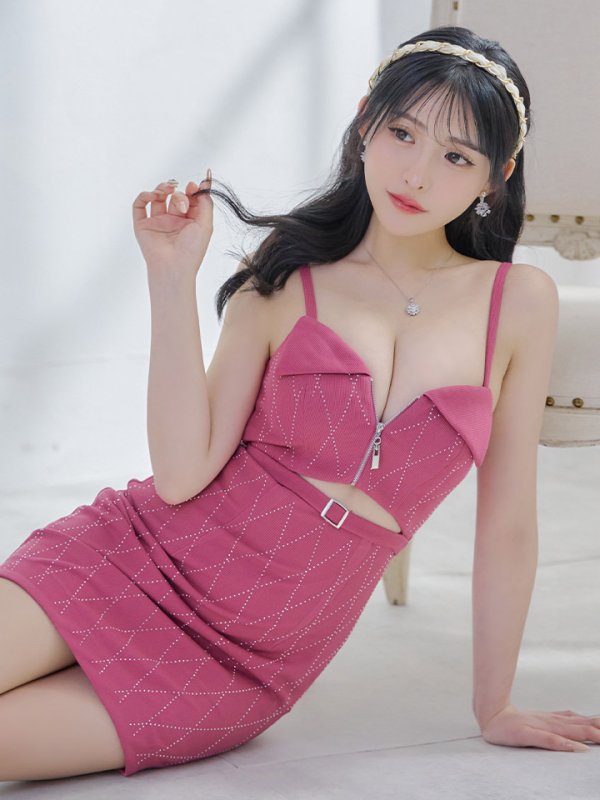 画像6: XSサイズあり【Glossy/グロッシー】ウエストカット/ ストーンリブニット/ ベルト/ キャミソール/ タイト/ ミニドレス/ キャバドレス[OF08]