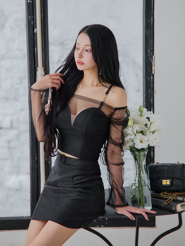 画像6: XSサイズあり【Glossy/グロッシー】チュールスリーブ/ ラメ/ セットアップ/ ミニドレス/ キャバドレス[OF08]