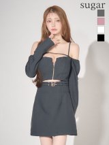 XSサイズあり【Glossy/グロッシー】オフショル/ ロングスリーブ/ ウエストカット/ タイト/ ミニドレス/ キャバドレス[OF2]