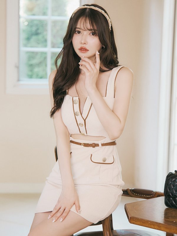 画像5: XSサイズあり【Glossy/グロッシー】レザーパイピング/ ウエストカット/ ベルト/ タイト/ ミニドレス/ キャバドレス[OF08]