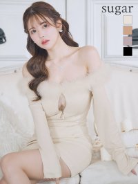 XSサイズあり【Glossy/グロッシー】2way/ オフショル/ ファー/ バストジップ/ リブニット/ タイト/ ミニドレス/ キャバドレス[OF08]