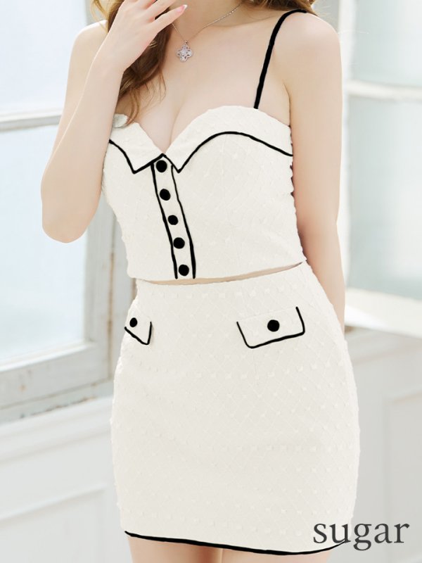 画像12: XSサイズあり【Glossy/グロッシー】襟デザイン/ バイカラー/ キャミソール/ ボタン/ タイト/ セットアップ/ ミニドレス/ キャバドレス[OF08]