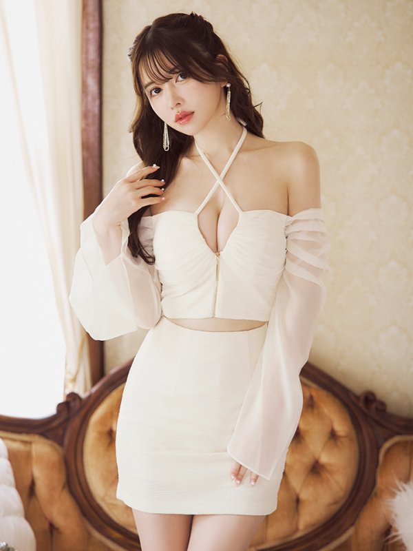 画像2: XSサイズあり【Glossy/グロッシー】シアースリーブ/ クロスストラップ/ セットアップ/ ミニドレス/ キャバドレス[OF2]