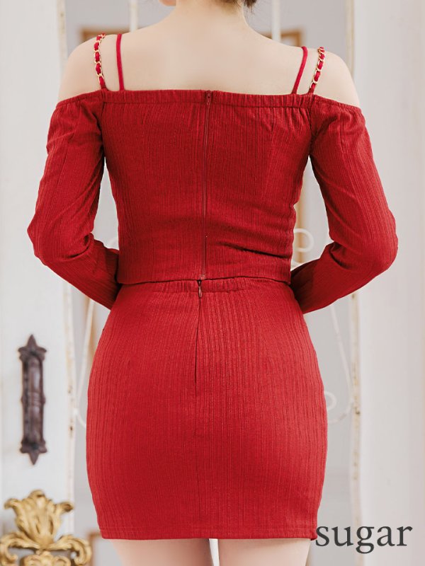 画像9: XSサイズあり【Glossy/グロッシー】長袖/ オフショル/ 紐リボン/ レースデザイン/ セットアップ/ ミニドレス/ キャバドレス[OF08]