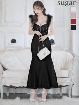 XS-Lサイズあり【ROBE de FLEURS Glossy/ローブ・ド・フルール グロッシー】フェザーショルダー/ ビジュー/ リブ/ ロングドレス/ キャバドレス long[OF2]