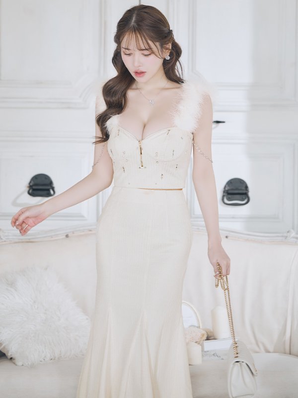 画像6: XS-Lサイズあり【Glossy/グロッシー】フェザーショルダー/ ビジュー/ リブ/ ロングドレス/ キャバドレス long[OF08]