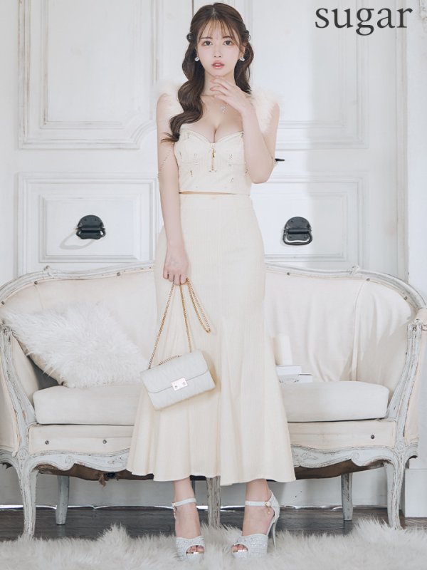 画像7: XS-Lサイズあり【Glossy/グロッシー】フェザーショルダー/ ビジュー/ リブ/ ロングドレス/ キャバドレス long[OF08]