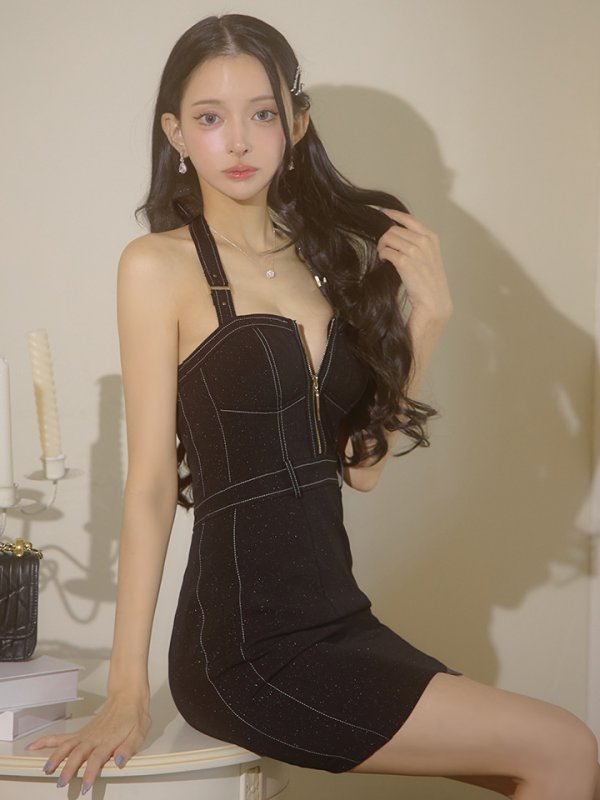 画像3: XSサイズあり【Glossy/グロッシー】バックリボンホルター/ ステッチ/ バストジップ/ タイト/ ミニドレス/ キャバドレス[OF08]