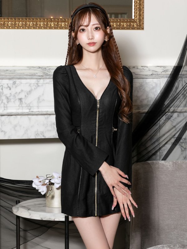 画像5: XSサイズあり【Glossy/グロッシー】センタージップデザイン/ ロングスリーブ/ シンプル/ ミニドレス/ キャバドレス[OF08]