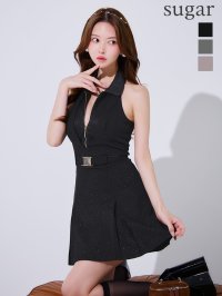 XS-Lサイズあり【Glossy/グロッシー】襟付き/ レイヤードデザイン/ バストジップ/ プリーツ/ フレア/ ミニドレス/ キャバドレス[OF2]