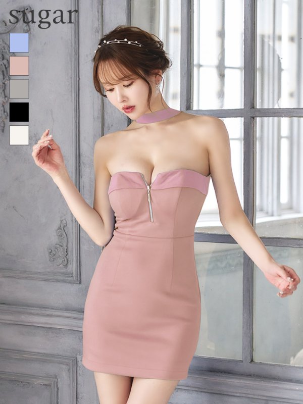 画像1: XSサイズあり【ROBE de FLEURS Glossy/ローブ・ド・フルール グロッシー】2way/ チョーカー風/ バストジップ/ タイト/ ミニドレス/ キャバドレス[OF2]