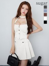 【予約商品/9月下旬発送予定】XSサイズあり【Glossy/グロッシー】ストーン付き/ ホルター/ シルバーボタン/ フレア/ セットアップ/ ミニドレス/ キャバドレス[OF08]