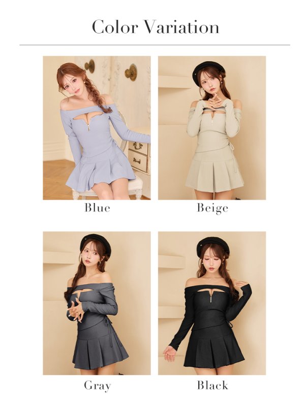 画像47: XSサイズあり【Glossy/グロッシー】オフショルダー/ ロングスリーブ/ バストカット/ フレア/ セットアップ/ ミニドレス/ キャバドレス[OF08]