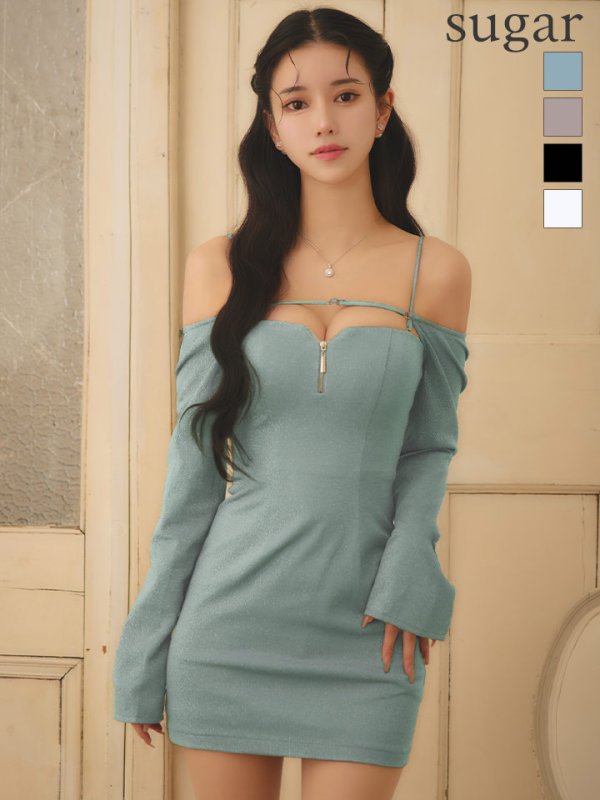 画像1: XSサイズあり【Glossy/グロッシー】ラメニット / ボレロセット / タイト/ ミニドレス / キャバドレス[OF08]