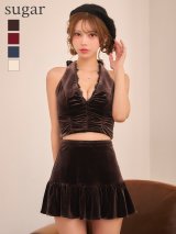 【予約商品/10月中旬発送予定】【Glossy/グロッシー】ベロア/ レース/ ホルターネック/ リボン/ ストレッチ/ セットアップ/ フレア/ ミニドレス/ キャバドレス[OF08]