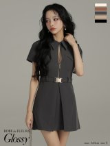 XS-Lサイズあり【Glossy/グロッシー】シャツカラー/ ウエストベルト/ フレア/ ミニドレス/ キャバドレス[OF08]