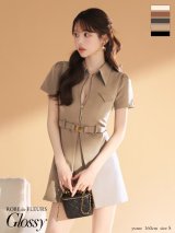 XS-Lサイズあり【Glossy/グロッシー】シャツカラー/ ウエストベルト/ フレア/ ミニドレス/ キャバドレス[OF08]