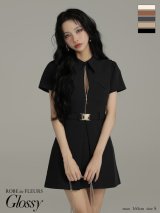 XS-Lサイズあり【Glossy/グロッシー】シャツカラー/ ウエストベルト/ フレア/ ミニドレス/ キャバドレス[OF08]