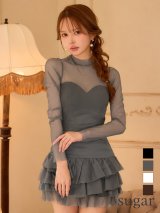 【予約商品/10月下旬発送予定】【Glossy/グロッシー】シアーチュール/ フリル/ セットアップ/ ティアード/ 長袖/ ラメ/ シフォン/ ストレッチ/ フレア/ ミニドレス/ キャバドレス[OF08]