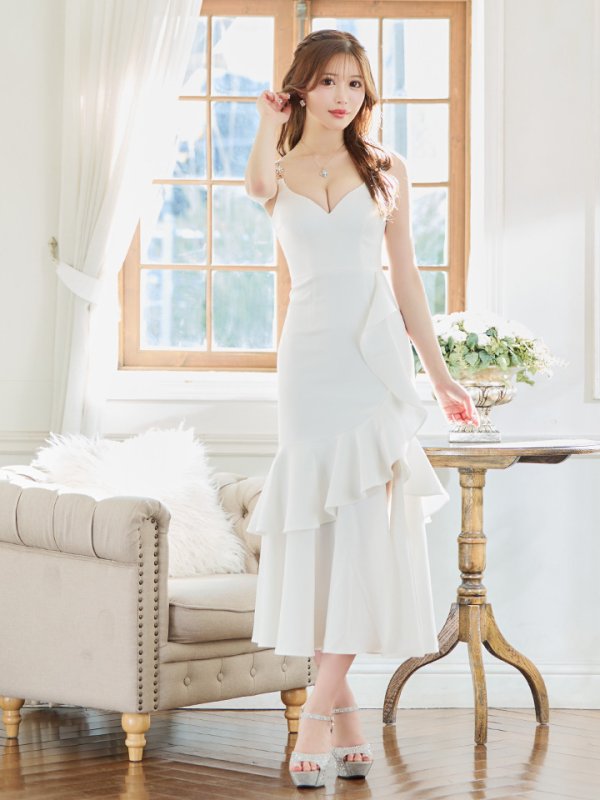 画像21: XSサイズあり【Andy GLAMOROUS/アンディグラマラス】ワンカラー/ キャミソール/ フリル/ ストレッチ/ フレア/ スリット/ ミディアムドレス/ キャバドレス[OF05]