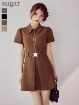 【予約商品/9月上旬発送予定】XS-Lサイズあり【Glossy/グロッシー】シャツカラー/ ウエストベルト/ フレア/ ミニドレス/ キャバドレス[OF08]