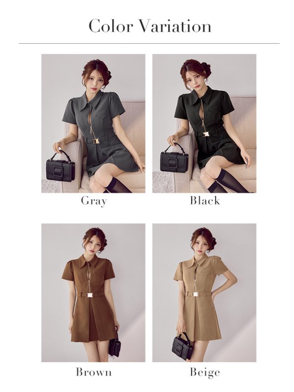 画像29: XS-Lサイズあり【Glossy/グロッシー】シャツカラー/ ウエストベルト/ フレア/ ミニドレス/ キャバドレス[OF08]