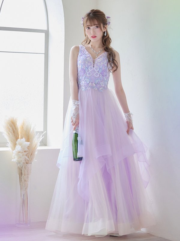 画像8: 【鈴音りん / 関西コレクション着用】【Lip line/リップライン】フラワー刺繍/ 2段フレア/ Aライン/ チュール/ プリンセス/ ロングドレス/ キャバドレスlong[HC03]