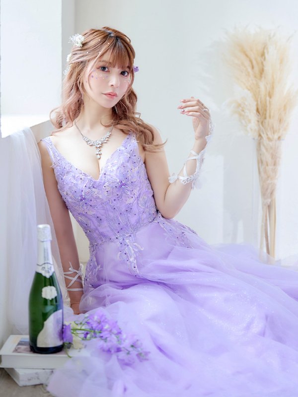 画像6: 【関西コレクション着用】【Lip line/リップライン】フラワー刺繍/ Vネック/ Aライン/ ノースリーブ/ プリンセス/ フレア/ ロングドレス/ キャバドレス long[HC03]