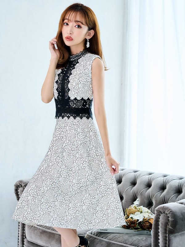 画像13: 【VANESSA HEART / ヴァネッサハート】【OF05】 総レース/ レース切り替え/ ノースリーブ/ Aライン/ ワンピース/ 膝丈/ ミディアム丈/ キャバドレス