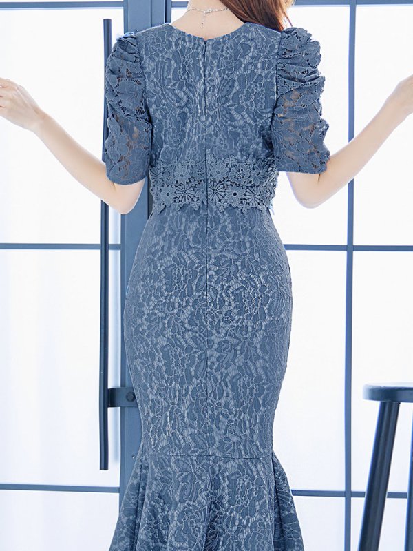 画像34: Lサイズあり【VANESSA HEART / ヴァネッサハート】【OF05】マーメイド/ テールカット/ 総レース/ パフスリーブ/ 袖あり/ 切り替えデザイン/ ワンピース/ ミディアムドレス/ キャバドレス