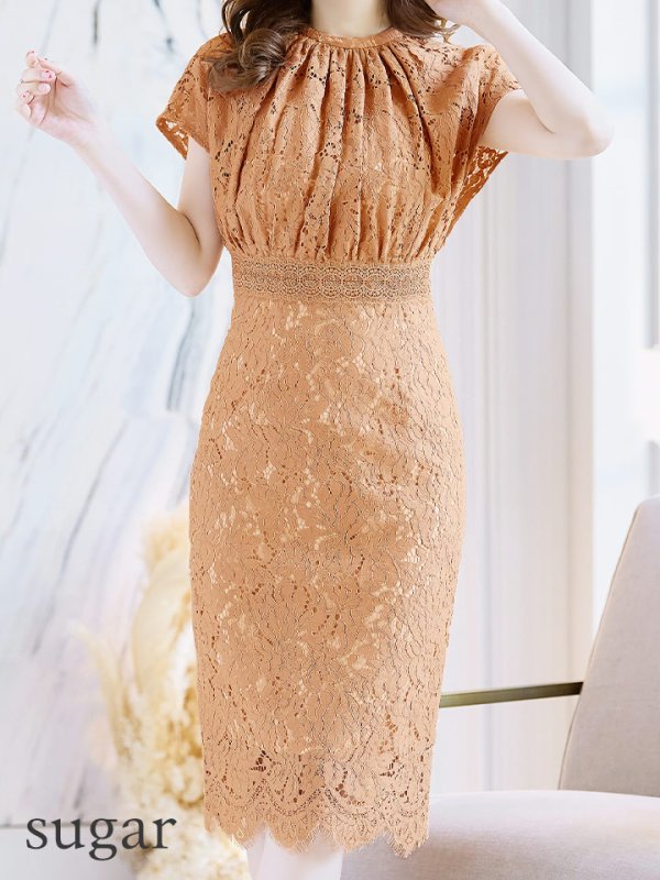 画像26: Lサイズあり【VANESSA HEART / ヴァネッサハート】【OF05】半袖/ 袖あり/ 総レース/ ハイネック/ タック/ ミディアム丈/ 膝丈/ ワンピース/ キャバドレス