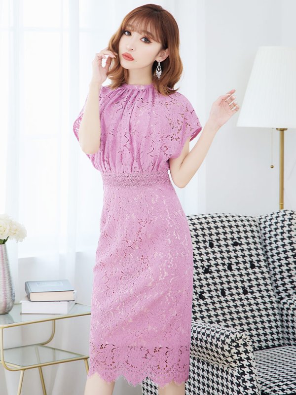 画像31: Lサイズあり【VANESSA HEART / ヴァネッサハート】【OF05】半袖/ 袖あり/ 総レース/ ハイネック/ タック/ ミディアム丈/ 膝丈/ ワンピース/ キャバドレス