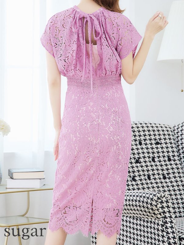 画像36: Lサイズあり【VANESSA HEART / ヴァネッサハート】【OF05】半袖/ 袖あり/ 総レース/ ハイネック/ タック/ ミディアム丈/ 膝丈/ ワンピース/ キャバドレス