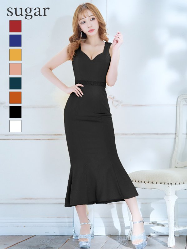 Lサイズあり【VANESSA HEART / ヴァネッサハート】【OF05】マーメイド/ ワンカラー/ ノースリーブ/ ハートカット/ 切り替えデザイン/ ワンピース/ ミモレ丈/ ミディアムドレス/ キャバドレス ブラック