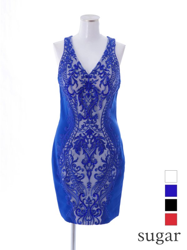 【Lip line/リップライン】ビジュー/ スパンコール/ 刺繍レース/ 切り替えデザイン/ Vネック/ タイト/ ミニドレス/ キャバドレス ロイヤルブルー