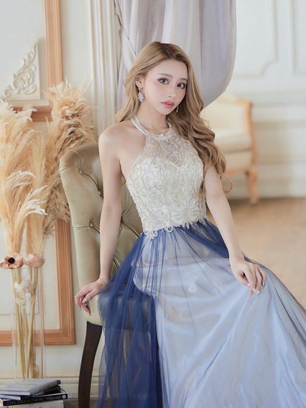 画像3: 【Lip line/リップライン】ビーズ刺繍/ Aライン/ アメスリ/ チュール/ ロングドレス / キャバドレスlong[HC03]