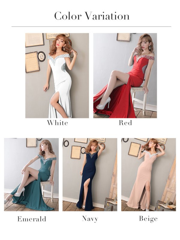 画像11: 【Lip line/リップライン】オフショルダー/ ビジュー/ サイドシアー/ スリット/ キャバドレス/ ロングドレスlong[HC03]