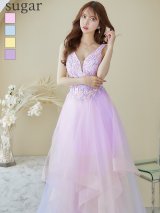 【Lip line/リップライン】フラワー刺繍/ 2段フレア/ Aライン/ チュール/ プリンセス/ ロングドレス/ キャバドレスlong[HC03]